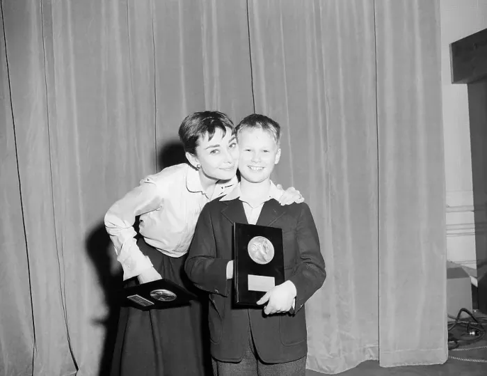 Framed Print : Audrey Hepburn Standing With Young Brandon De Wilde and Holding Trophy Framed Print : Audrey Hepburn Standing With Young Brandon De Wilde and Holding Trophy