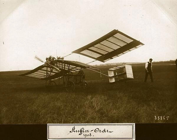 Auffin. 23rd April 1908: A workman leaving a Auffin-Ordt monoplane aircraft