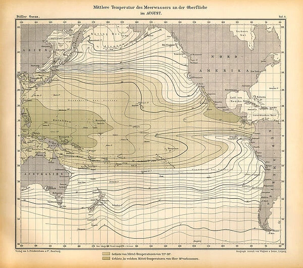August Mean Temperature of Seawater at the Surface Chart, Pacific Ocean, German Antique Victorian Engraving, 1896