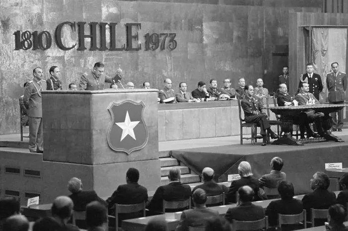 Framed Print : Augusto Pinochet Gestures from Podium