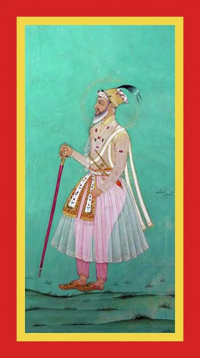 Framed Print : Aurangzíb stands wearing a filmy tunic over pink pants, bejeweled Framed Print : Aurangzíb stands wearing a filmy tunic over pink pants, bejeweled