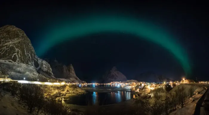 Framed Print : The aurora belt over Lofoten fishing village, Norway Framed Print : The aurora belt over Lofoten fishing village, Norway