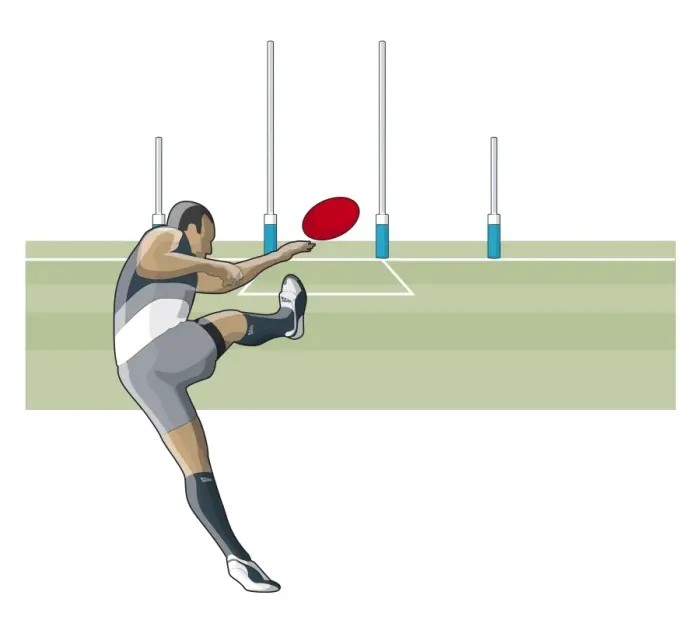 Framed Print : Australian football player kicking ball towards goal posts Framed Print : Australian football player kicking ball towards goal posts