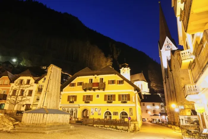 Framed Print : Austria, Hallstatt, Illuminated town at night Framed Print : Austria, Hallstatt, Illuminated town at night