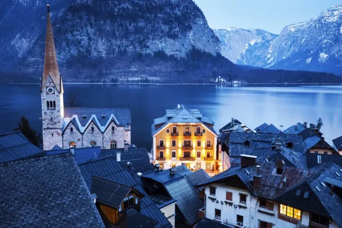 Framed Print : Austria, Hallstatt, Town with lake and mountains in background Framed Print : Austria, Hallstatt, Town with lake and mountains in background