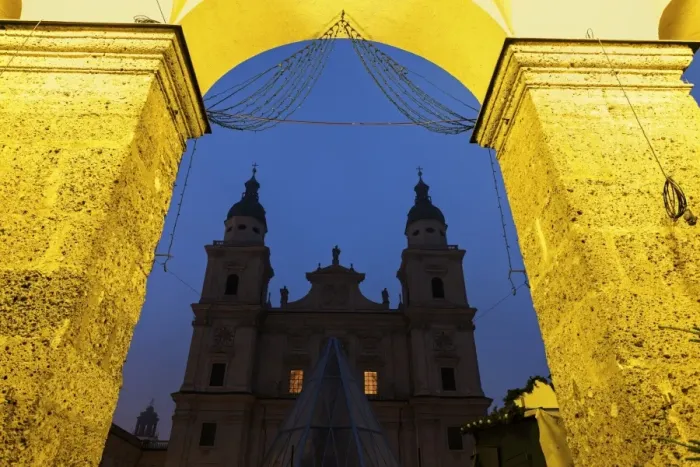 Framed Print : Austria, Salzburg, Salzburg Cathedral and arch against night sky Framed Print : Austria, Salzburg, Salzburg Cathedral and arch against night sky