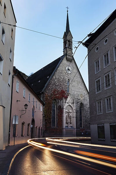 Austria, Salzburg, St. Blaises Church, Light trails on old town street
