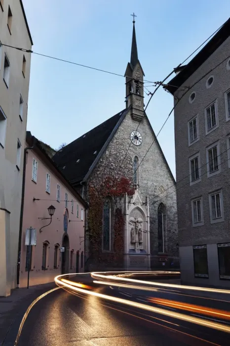 Framed Print : Austria, Salzburg, St. Blaises Church, Light trails on old town street Framed Print : Austria, Salzburg, St. Blaises Church, Light trails on old town street