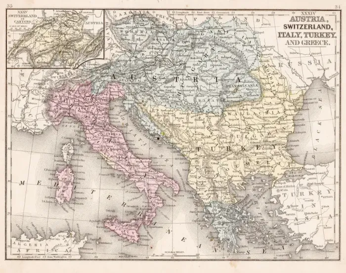 Framed Print : Austria Switzerland Italy map 1867 Framed Print : Austria Switzerland Italy map 1867