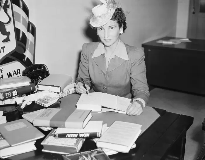 Framed Print : Author Helen MacInnes at Desk with Books Framed Print : Author Helen MacInnes at Desk with Books