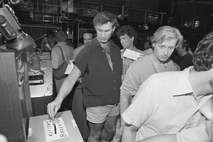 Framed Print : Author John Sayles Voting at Writers Guild of America Framed Print : Author John Sayles Voting at Writers Guild of America