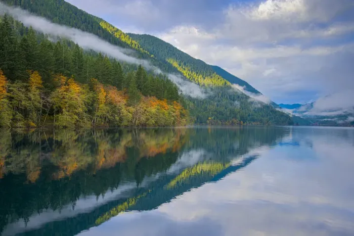 Framed Print : Autumn forest reflecting in Crescent Lake, Olympic National Park, Washington State, USA Framed Print : Autumn forest reflecting in Crescent Lake, Olympic National Park, Washington State, USA