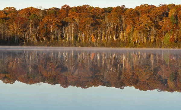 Autumn forest reflecting in Mill Pond Lake, Wisconsin, USA