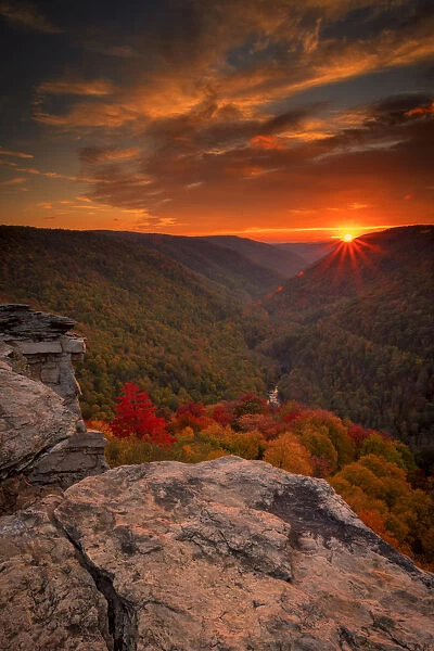 Autumn forests and mountains in Blackwater Falls State Park at sunset, Tucker County, West Virginia, USA