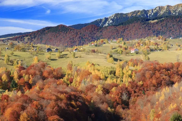 Framed Print : Autumn landscape of hills and mountain range in background, Piatra Craiului National Park, Magura, Carpathian Mountains, Brasov, Brasov County, Transylvania, Romania