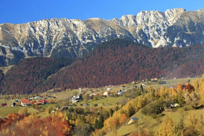 Framed Print : Autumn landscape of little village and mountain range in background, Piatra Craiului National Park, Magura, Carpathian Mountains, Brasov, Brasov County, Transylvania, Romania Framed Print : Autumn landscape of little village and mountain range in background, Piatra Craiului National Park, Magura, Carpathian Mountains, Brasov, Brasov County, Transylvania, Romania