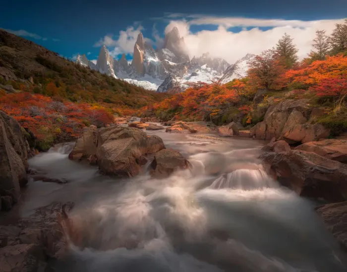 Framed Print : Autumn view of cascade in Patagonia with Mount Fitzroy background Framed Print : Autumn view of cascade in Patagonia with Mount Fitzroy background