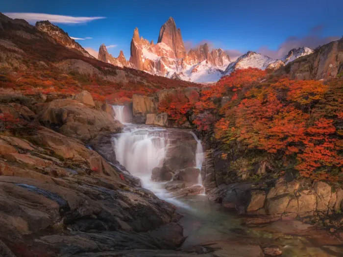 Framed Print : Autumn view of cascade in Patagonia with Mount Fitzroy background Framed Print : Autumn view of cascade in Patagonia with Mount Fitzroy background