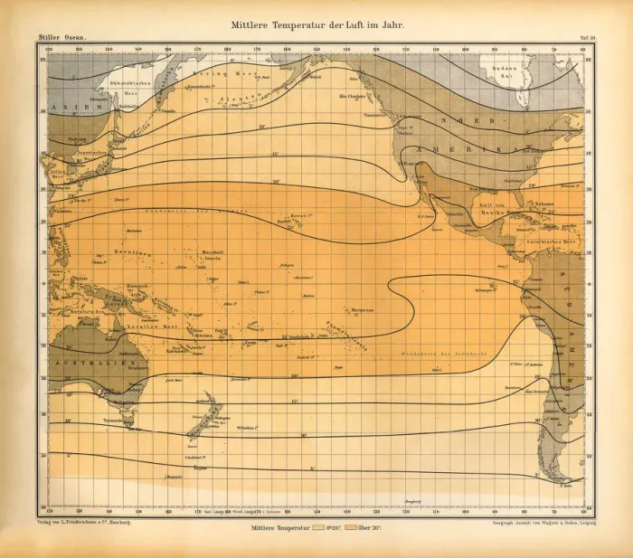 Framed Print : Average Yearly Air Temperature Chart, Pacific Ocean, German Antique Victorian Engraving, 1896 Framed Print : Average Yearly Air Temperature Chart, Pacific Ocean, German Antique Victorian Engraving, 1896