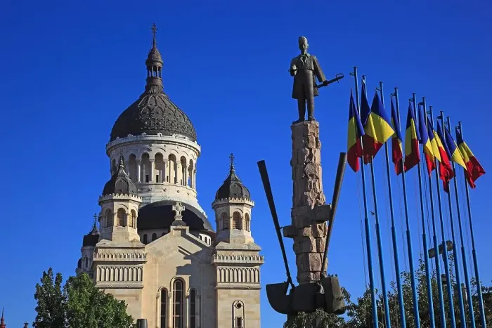 Framed Print : Avram Iancu Statue and Orthodox Cathedral at the Piata Avram Iancu in Cluj, Transylvania, Romania Framed Print : Avram Iancu Statue and Orthodox Cathedral at the Piata Avram Iancu in Cluj, Transylvania, Romania