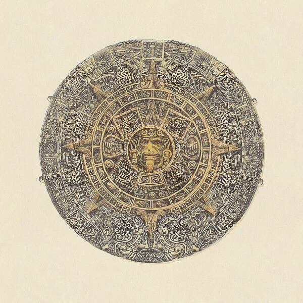 Aztec sun stone, Mexico City, chromolithograph, published in 1892
