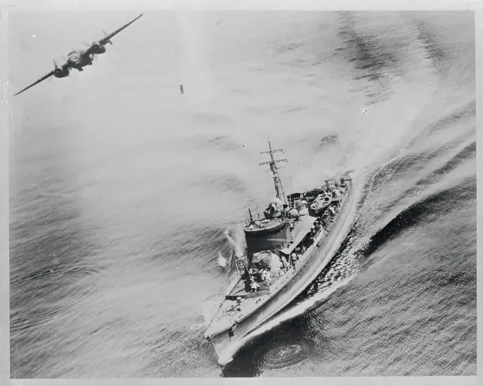 Framed Print : B-25 Bomber Above Japanese War Vessel Framed Print : B-25 Bomber Above Japanese War Vessel