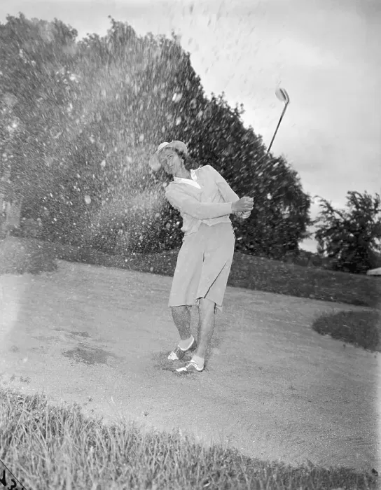 Framed Print : Babe Didrikson Spraying Sand with Golf Swing Framed Print : Babe Didrikson Spraying Sand with Golf Swing