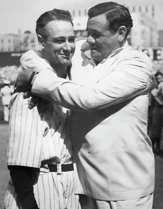 Framed Print : Babe Ruth Greets Lou Gehrig at Stadium Framed Print : Babe Ruth Greets Lou Gehrig at Stadium