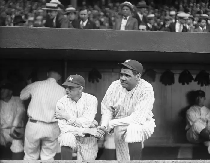 Framed Print : Babe Ruth and Miller Huggins Observing a Game Play from Dugout Framed Print : Babe Ruth and Miller Huggins Observing a Game Play from Dugout