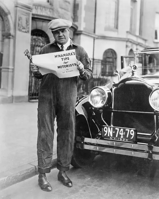 Framed Print : Babe Ruth Reading Motorist Manual Framed Print : Babe Ruth Reading Motorist Manual