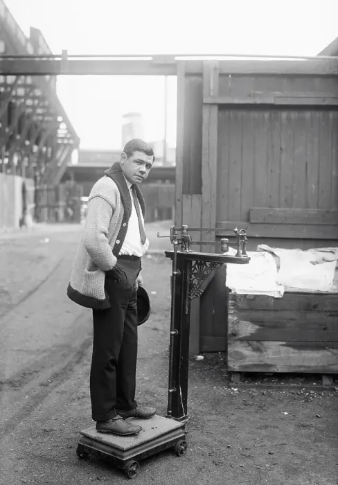 Framed Print : Babe Ruth Standing on Scale Framed Print : Babe Ruth Standing on Scale