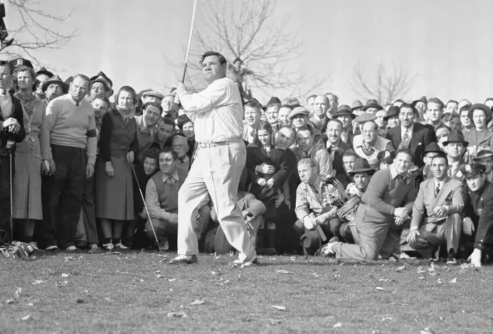 Framed Print : Babe Ruth Swinging Golf Club on the Green Framed Print : Babe Ruth Swinging Golf Club on the Green