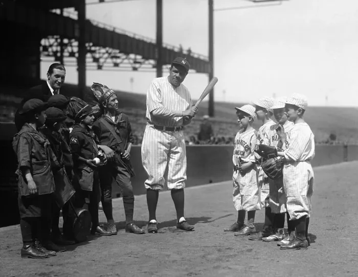 Framed Print : Babe Ruth Teaching Batting Techniques to Boy Rangers Framed Print : Babe Ruth Teaching Batting Techniques to Boy Rangers