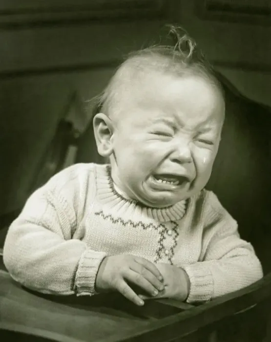 Framed Print : Baby (9-12 months) in baby seat crying, (B&W), close-up Framed Print : Baby (9-12 months) in baby seat crying, (B&W), close-up