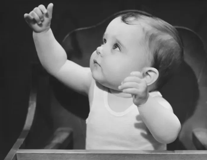 Framed Print : Baby boy (6-9 months) sitting in highchair, raising arms (B&W) Framed Print : Baby boy (6-9 months) sitting in highchair, raising arms (B&W)