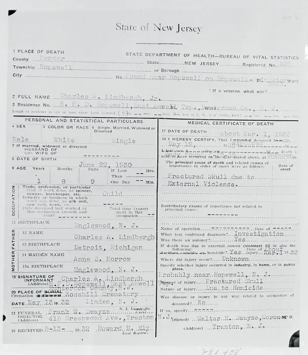Framed Print : Baby Lindbergh's Death Certificate Framed Print : Baby Lindbergh's Death Certificate