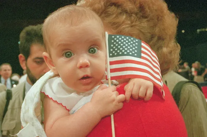 Framed Print : Baby Megan Holding American Flag Framed Print : Baby Megan Holding American Flag