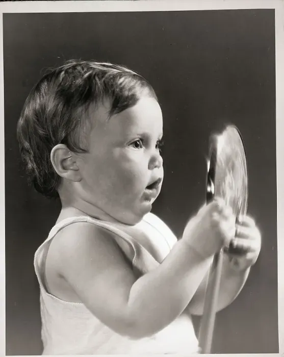 Framed Print : Baby with Mirror Framed Print : Baby with Mirror