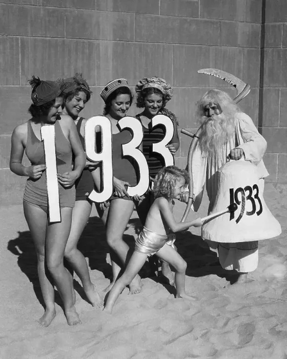 Framed Print : Baby New Year Ringing in 1933 with Father Time