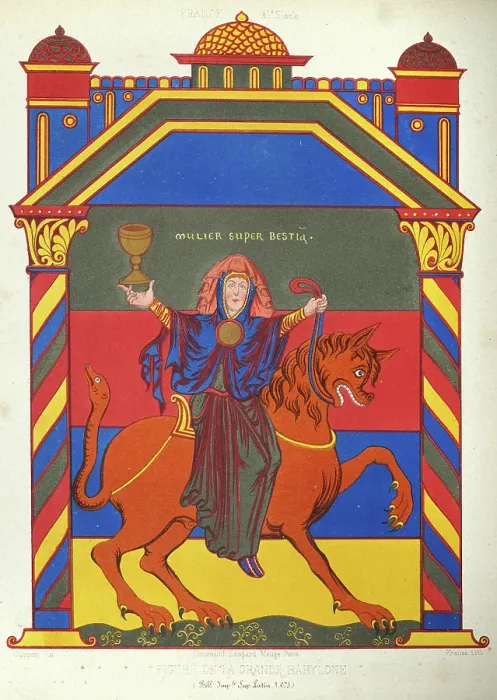 Framed Print : Babylon the Great or Whore of Babylon riding a demon, a symbolic female figure and a place of evil as mentioned in the Book of Revelation, French, 11th Century Framed Print : Babylon the Great or Whore of Babylon riding a demon, a symbolic female figure and a place of evil as mentioned in the Book of Revelation, French, 11th Century