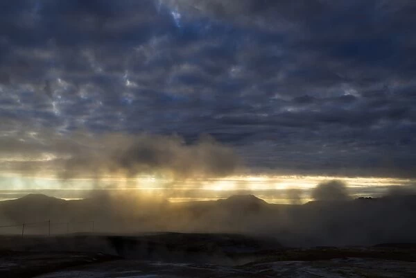 Backlit steam, Hveraroend geothermal area, Namafjall mountains, Myvatn area, Norourland eystra, the north-east region, Iceland, Europe