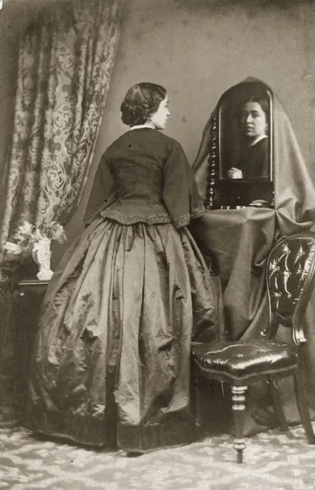 Framed Print : Not Bad. circa 1855: A woman in a short fitted jacket with a basque worn Framed Print : Not Bad. circa 1855: A woman in a short fitted jacket with a basque worn
