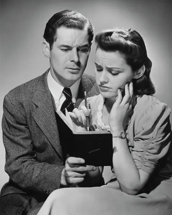 Framed Print : A Bad Day. A young couple writing a sad entry in a journal, circa 1940 Framed Print : A Bad Day. A young couple writing a sad entry in a journal, circa 1940