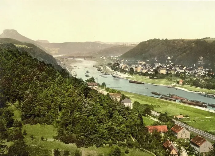 Framed Print : Bad Schandau an der Elbe, Saxony, Germany, Historic, digitally restored reproduction of a photochromic print from the 1890s Framed Print : Bad Schandau an der Elbe, Saxony, Germany, Historic, digitally restored reproduction of a photochromic print from the 1890s