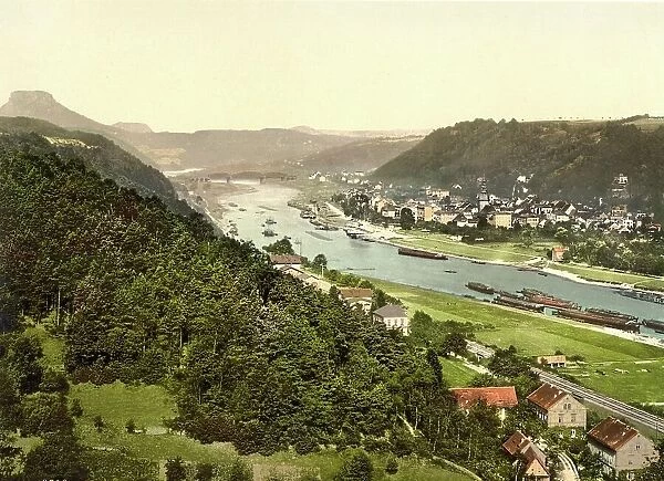 Bad Schandau an der Elbe, Saxony, Germany, Historic, digitally restored reproduction of a photochromic print from the 1890s