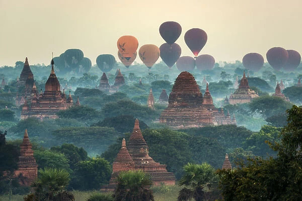 Bagan, balloons starter flying over ancient temples