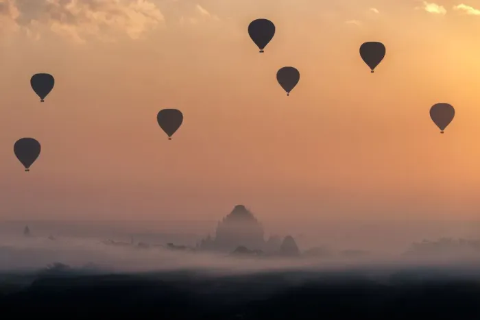 Framed Print : Bagan pagoda with hot air balloons in the morning Framed Print : Bagan pagoda with hot air balloons in the morning