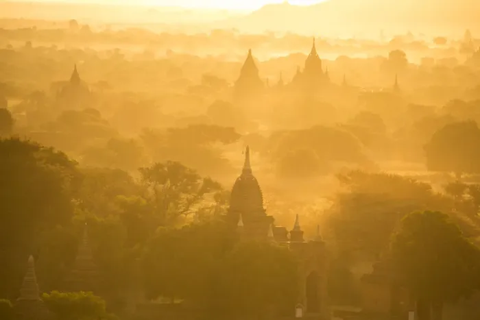 Framed Print : Bagan temple landscape on sunrise. Burma Framed Print : Bagan temple landscape on sunrise. Burma