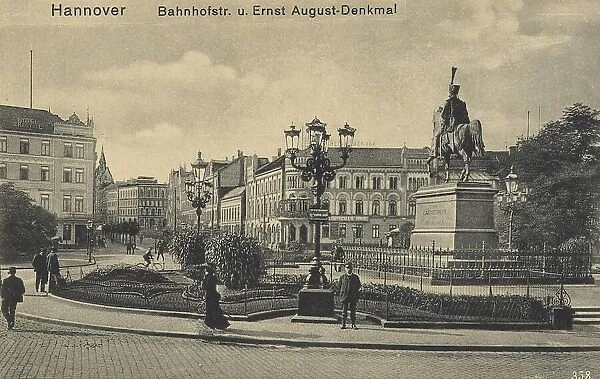 Bahnhofstrasse and Ernst August Monument, Hannover, Lower Saxony, Germany, postcard with text, view around ca 1910, Historic, digital reproduction of a historic postcard, public domain, from that time, exact date unknown