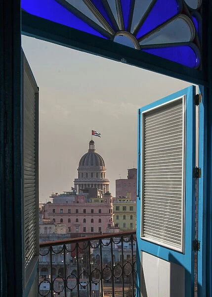 Balcony doors over cityscape, Havana, Cuba